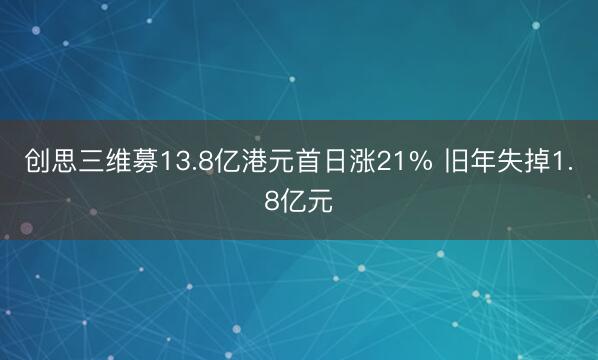 创思三维募13.8亿港元首日涨21% 旧年失掉1.8亿元